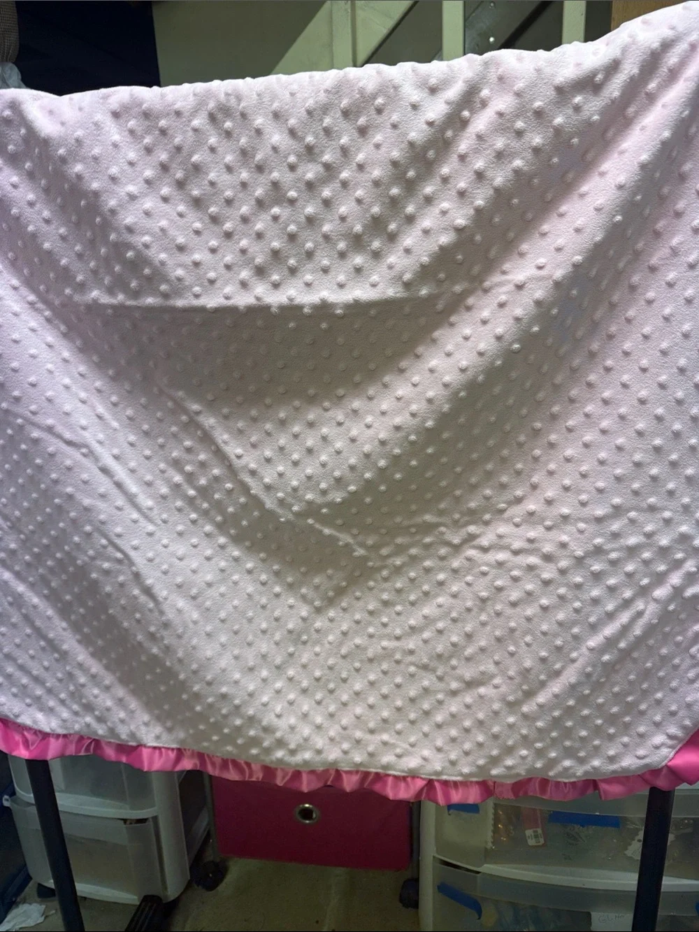 Pink Minky Dot Baby Blanket with Satin Ruffle Trim